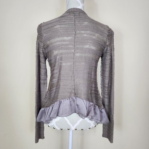 Waffle Knit Open Front Cardigan Ruffled Hem Neutral Size Small - Picture 1 of 10